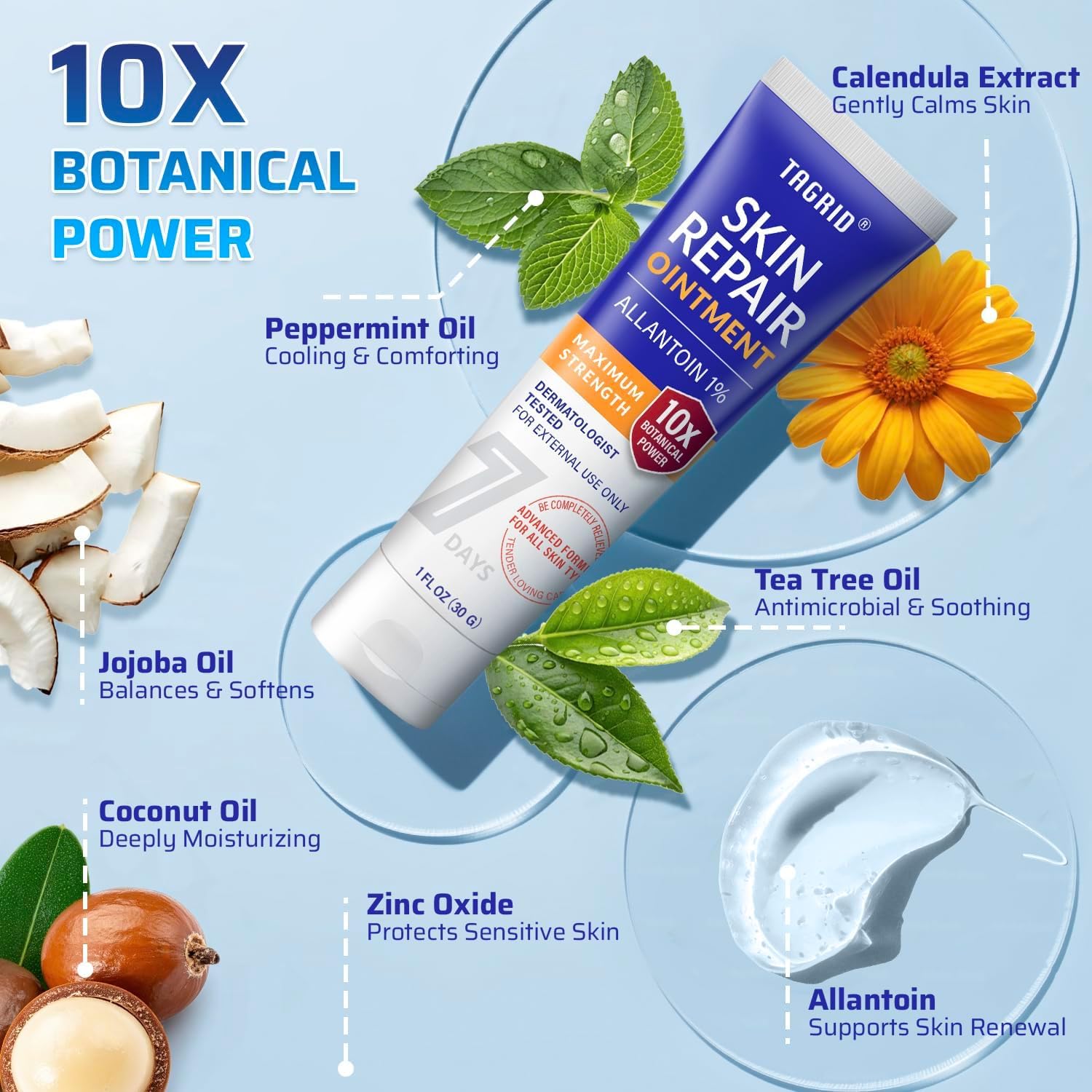 TAGRID Skin Repair Ointment ingredient panel highlights jojoba oil for hydration.