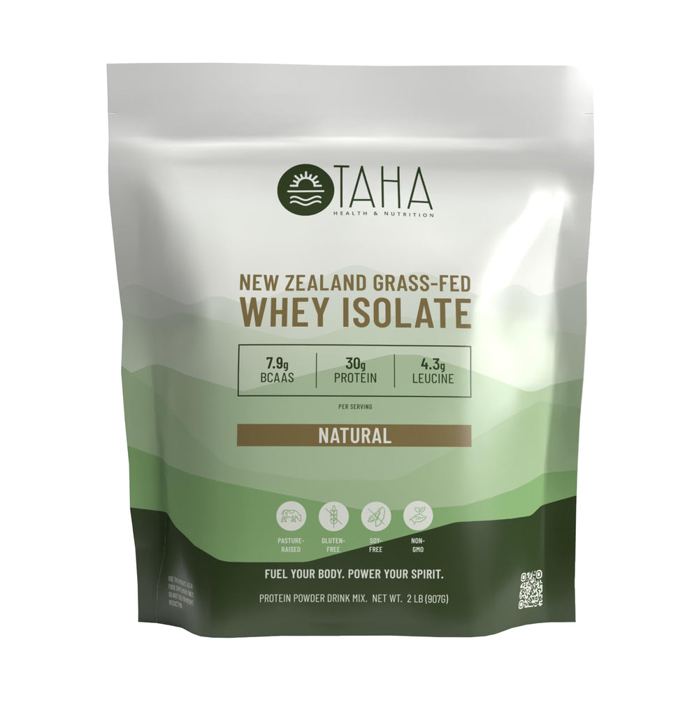 Taha Health and Nutrition whey protein isolate tub for post-workout shakes.