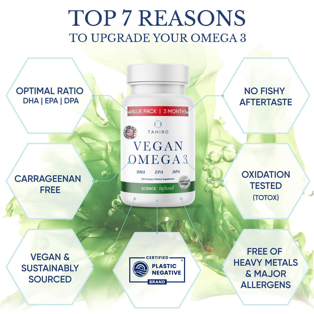 TAHIRO vegan omega-3 softgels capsules close-up highlights gentle, fish-free nutrients