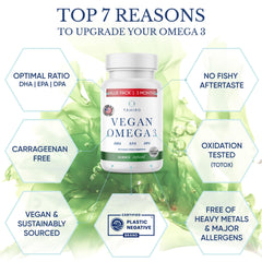 TAHIRO vegan omega-3 softgels capsules close-up highlights gentle, fish-free nutrients