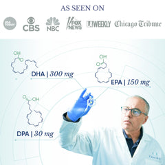 TAHIRO vegan omega-3 softgels label close-up shows DHA EPA DPA content