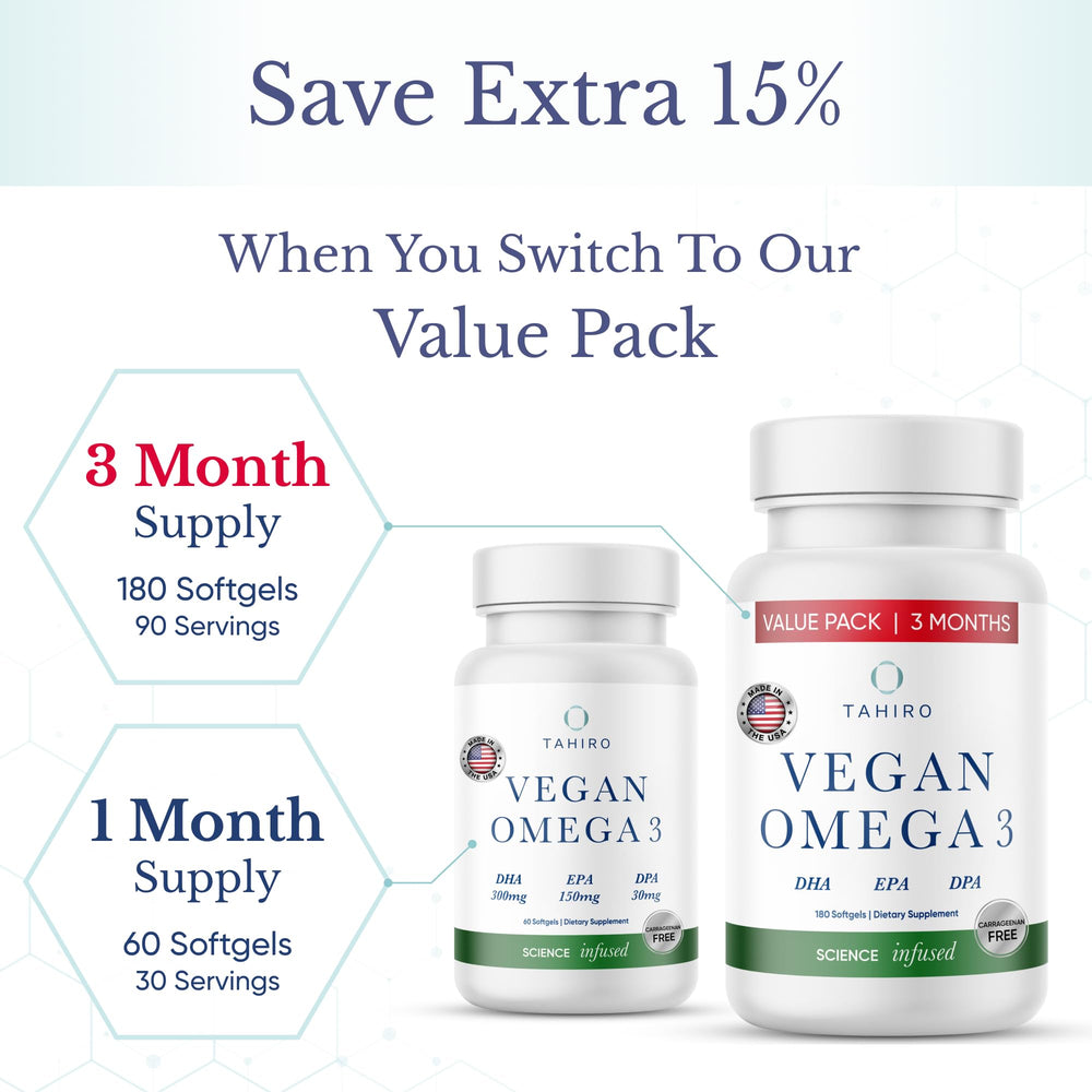 TAHIRO vegan omega-3 softgels prenatal packaging for expectant wellness