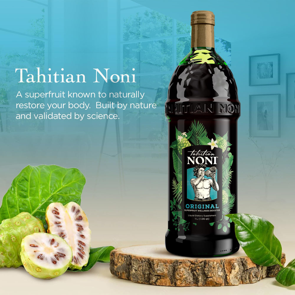 4-pack display of Tahitian Noni Juice highlights convenient daily use.
