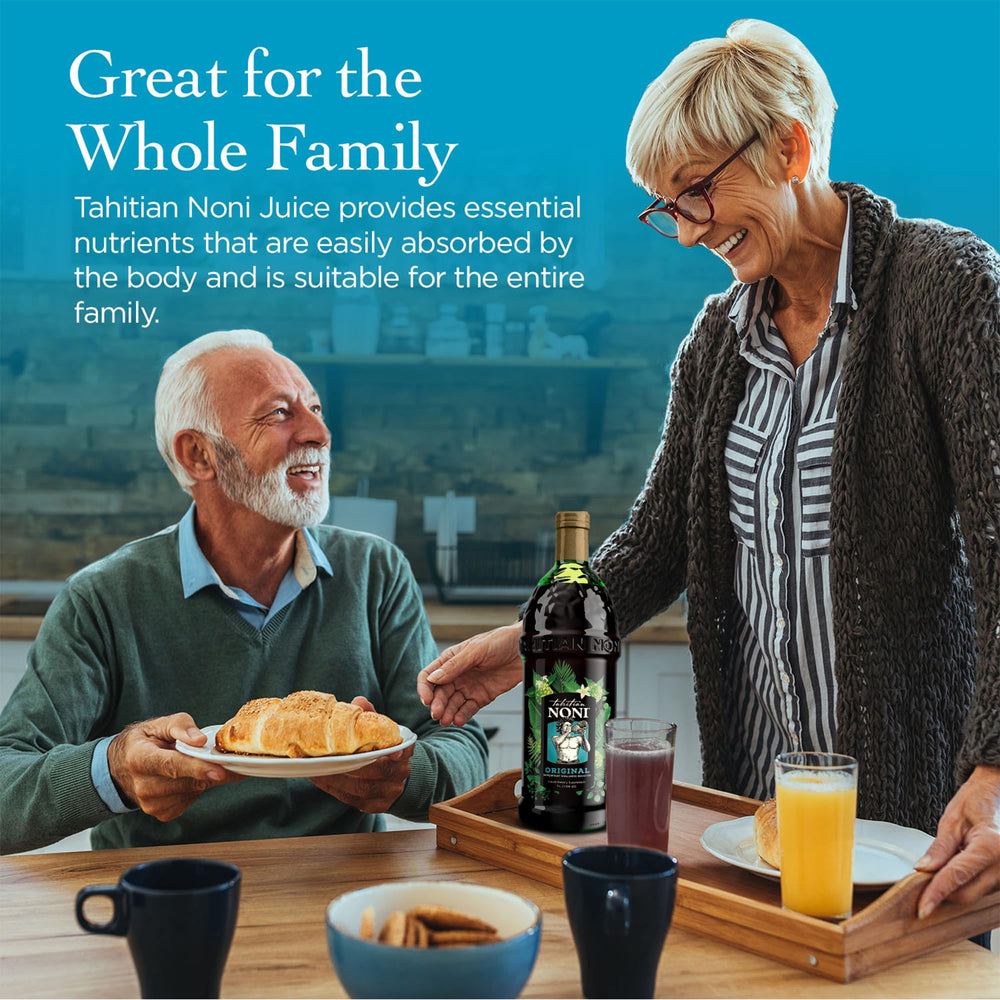 Glass with fruit accompanies Tahitian Noni for versatile mixing ideas.