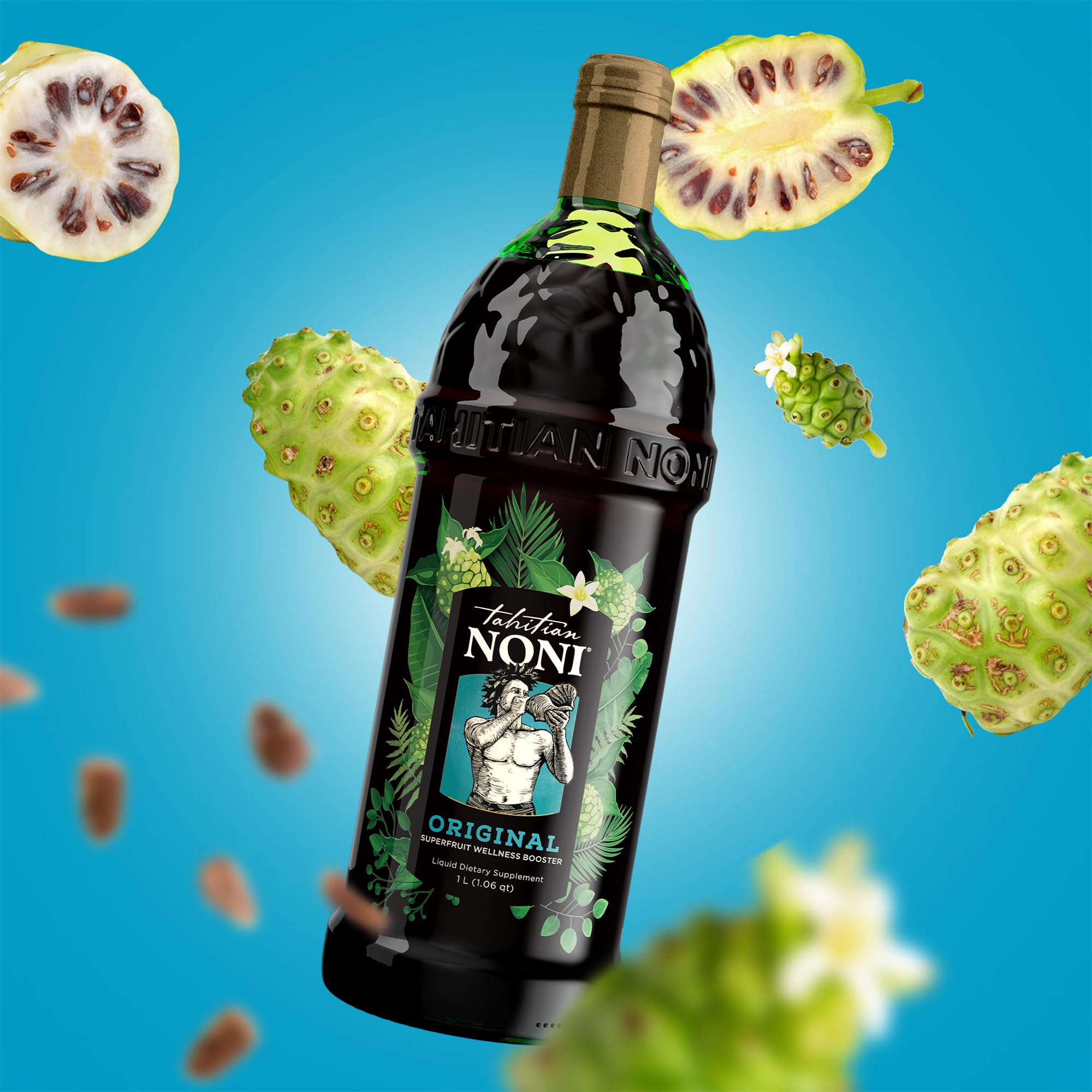 Pour Tahitian Noni into a glass to enjoy the vibrant amber liquid.