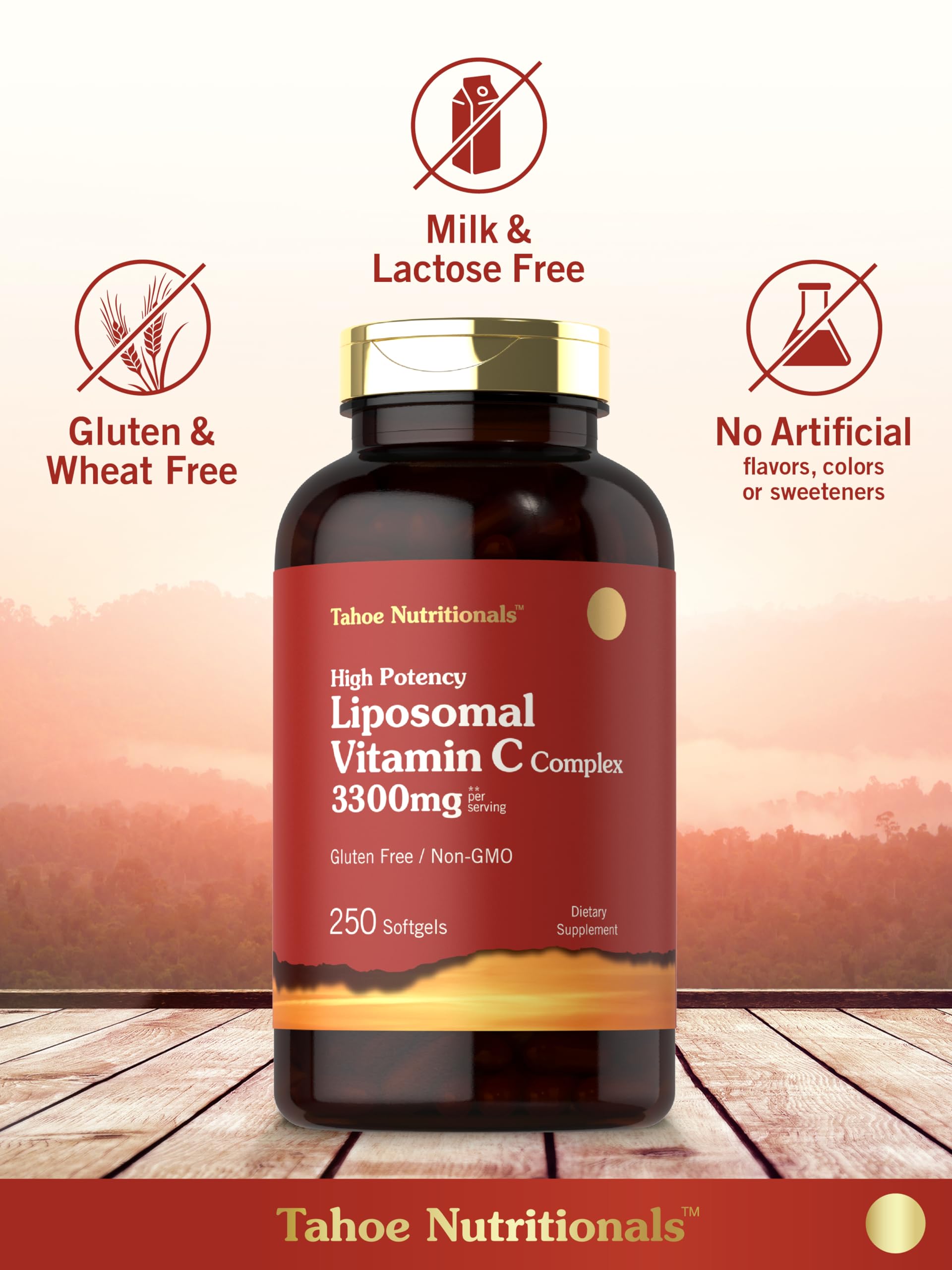 Tahoe Nutritionals Liposomal Vitamin C Complex gluten-free icon on packaging for gluten-free diets.