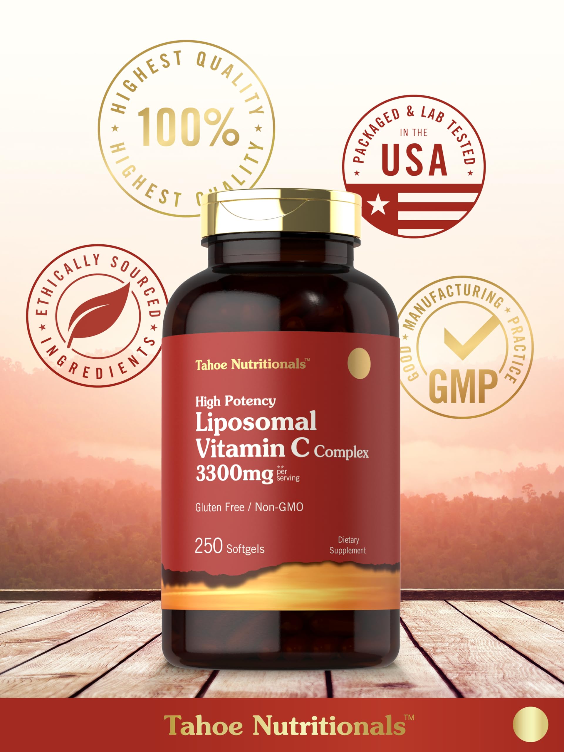 Tahoe Nutritionals Liposomal Vitamin C Complex ingredients label closeup highlighting non-GMO and gluten-free features.