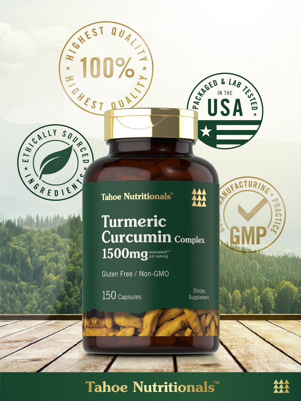 Close-up of Tahoe Nutritionals Turmeric capsules showing quick-release form.
