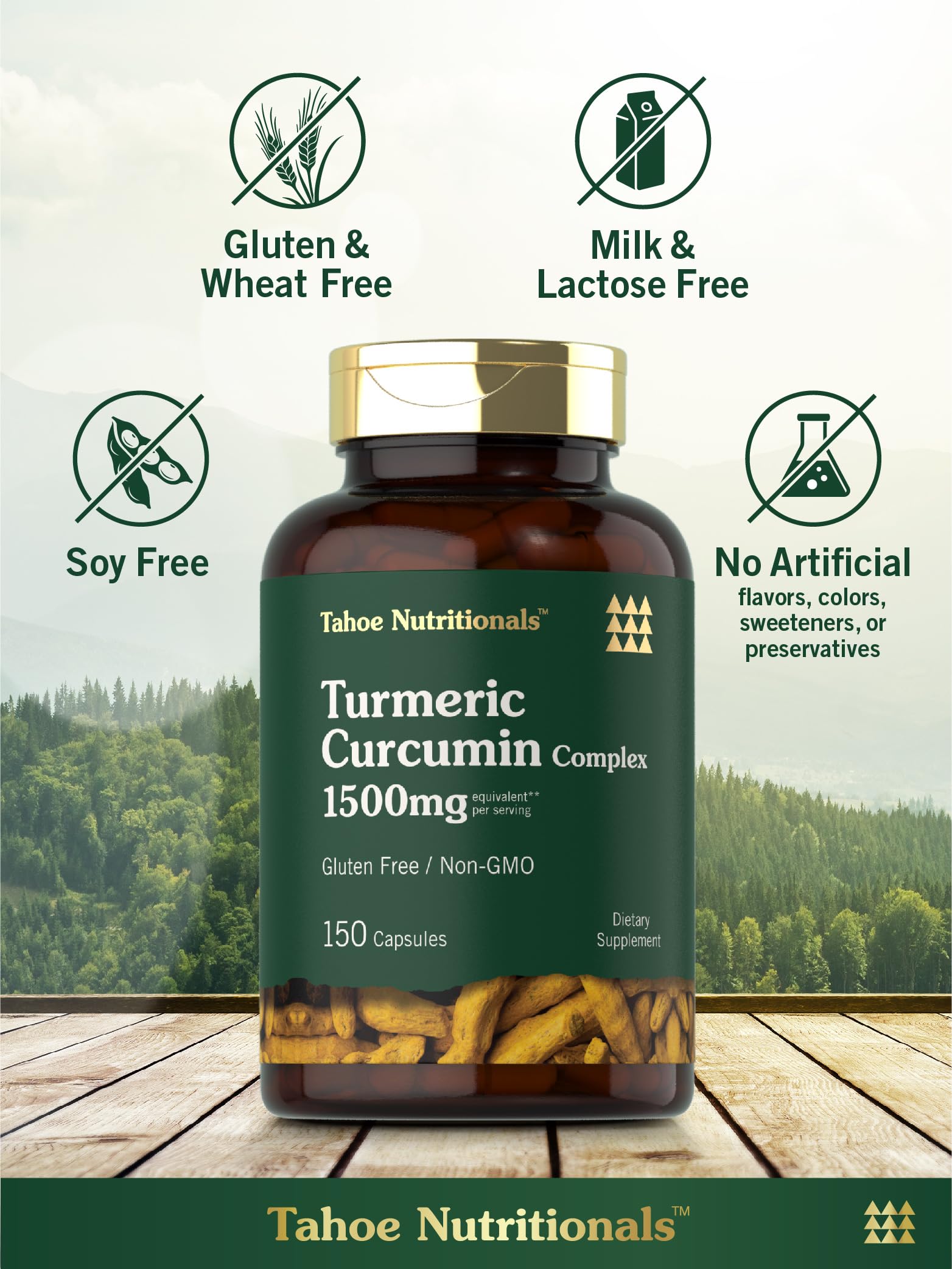 Front label of Tahoe Nutritionals Turmeric bottle highlighting dosage and ingredients.