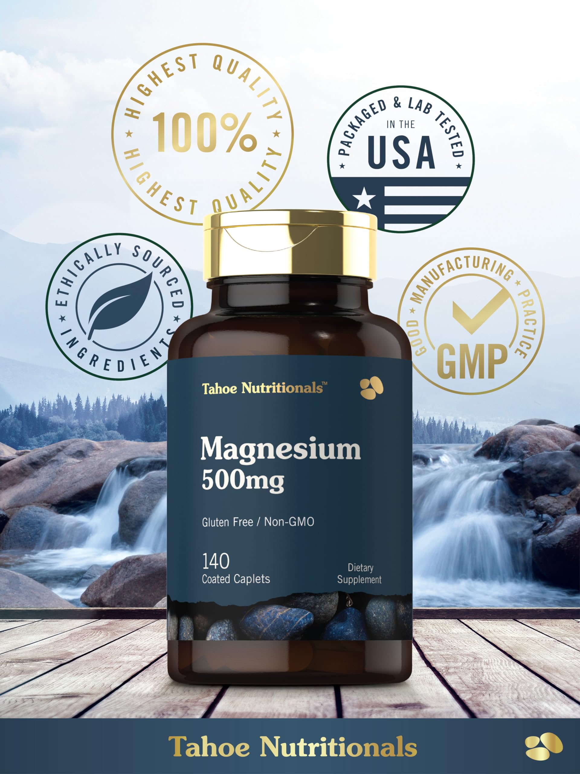 Tahoe Nutritionals Magnesium easy-swallow caplets arranged in bottle.