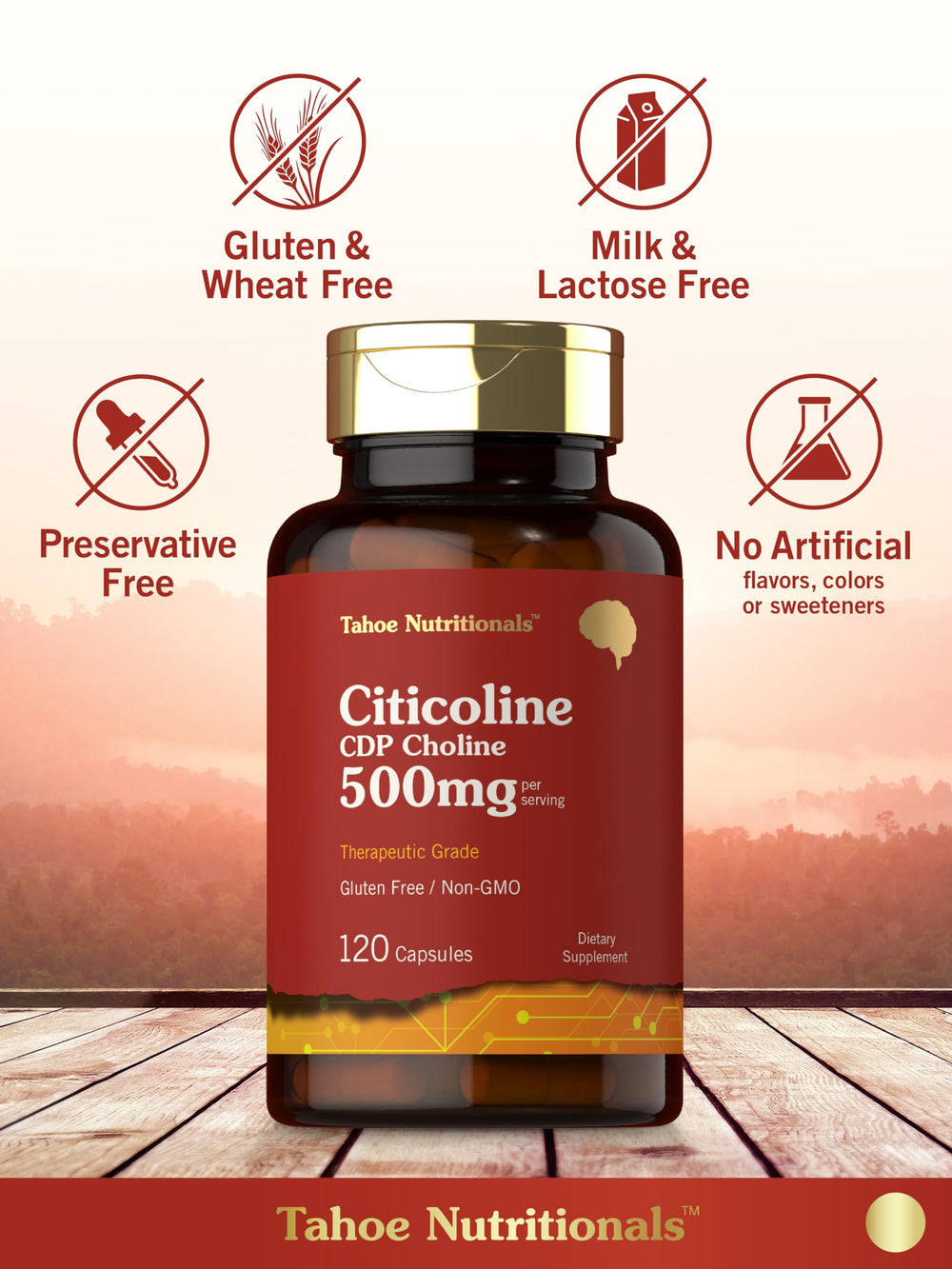 Tahoe Nutritionals therapeutic-grade capsules with precise 500 mg citicoline per serving