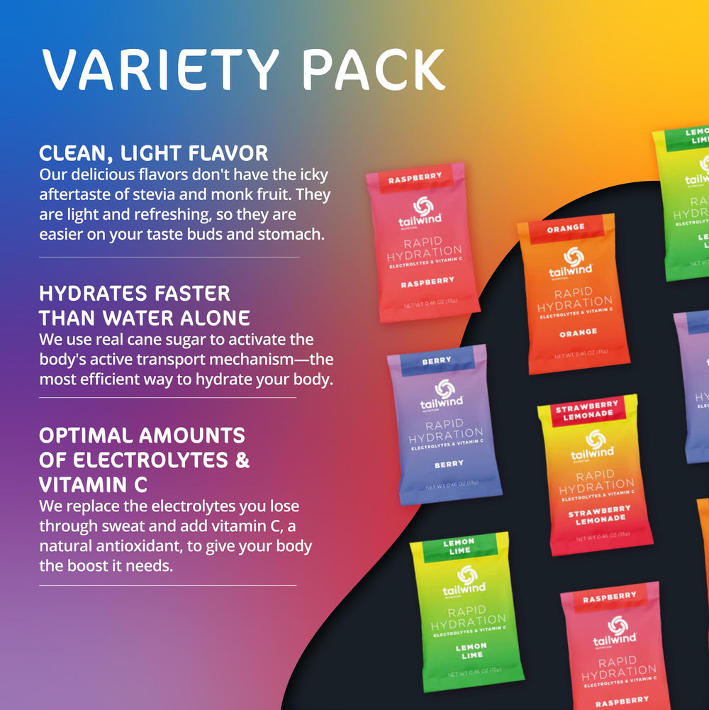Tailwind Rapid Hydration lemon lime sachet supports electrolyte balance for hot-day workouts.