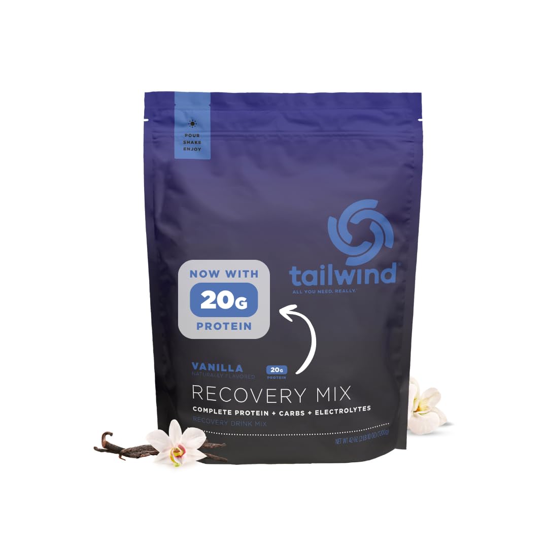 Tailwind Recovery Mix bottle and scoop supports post-workout recovery with protein and electrolytes.