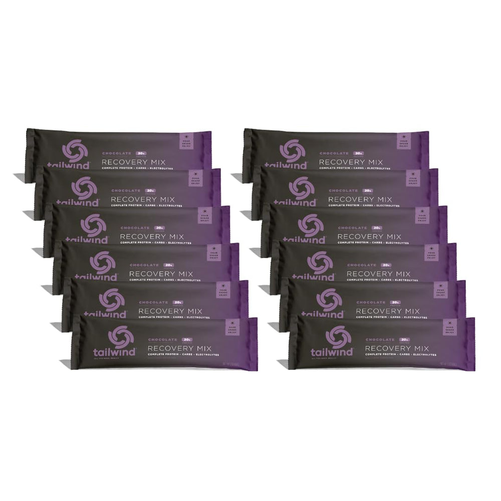Tailwind Recovery Mix chocolate tub showing full flavor label and nutritional highlights for post-workout fueling