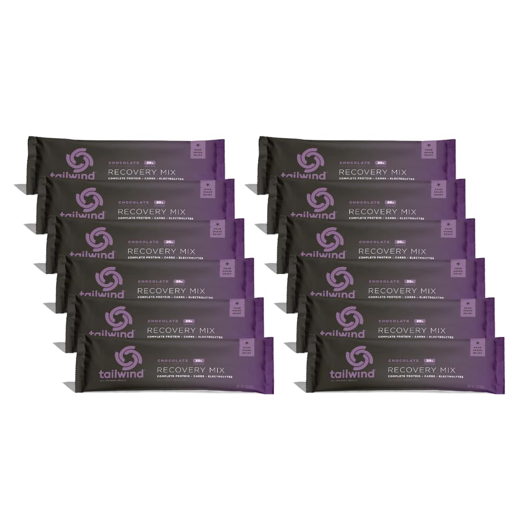 Tailwind Recovery Mix chocolate tub showing full flavor label and nutritional highlights for post-workout fueling
