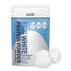 Talcufon egg white powder packaging highlights pasteurized, gluten-free protein option for baking.
