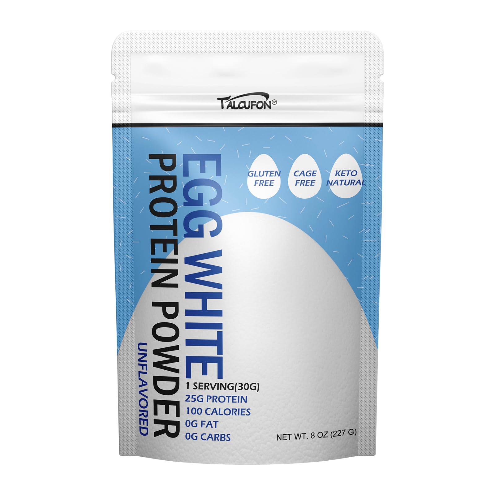 Talcufon egg white powder resealable bag ensuring long-lasting freshness.