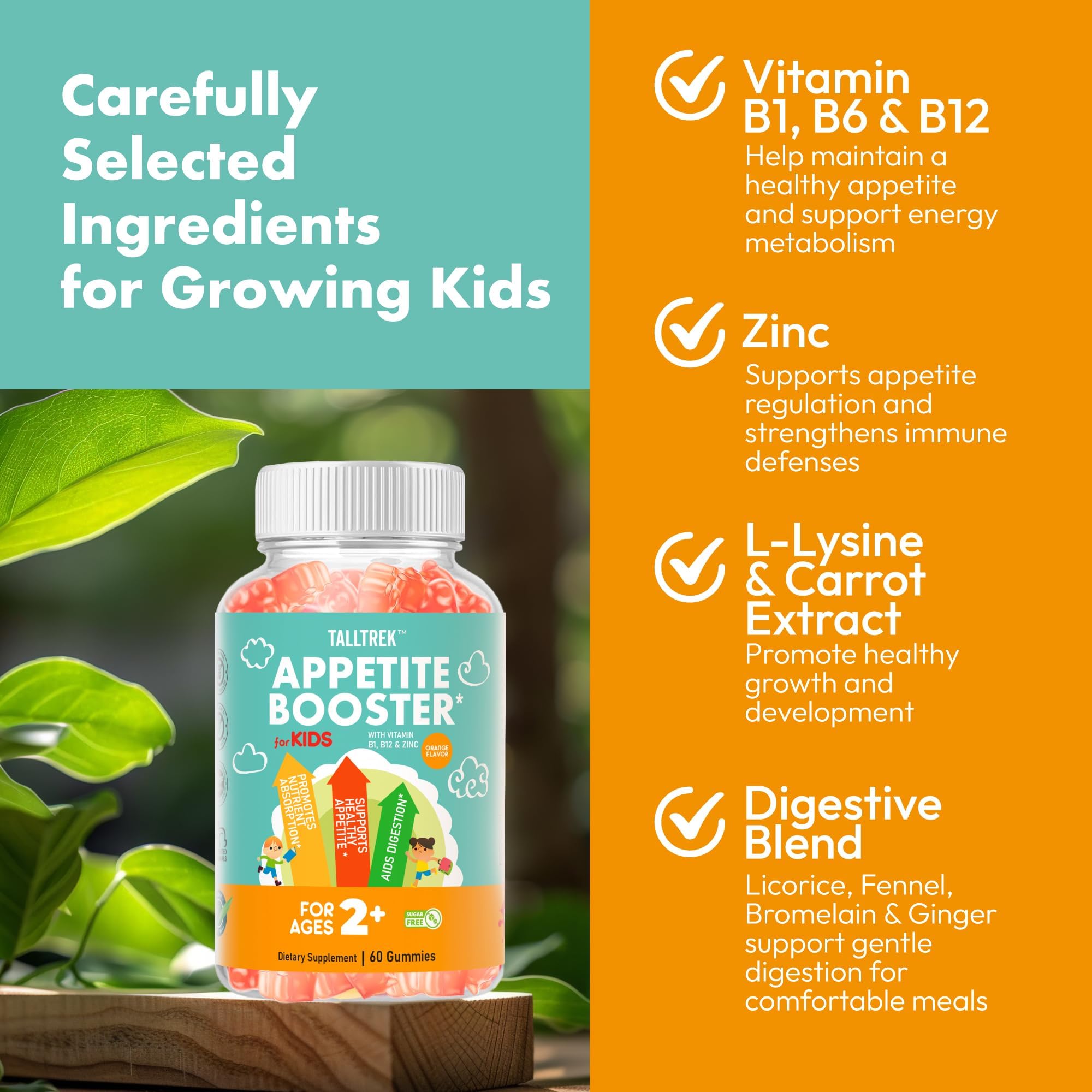 TallTrek Appetite Booster Gummies highlighting immune-supporting zinc and B12 benefits.