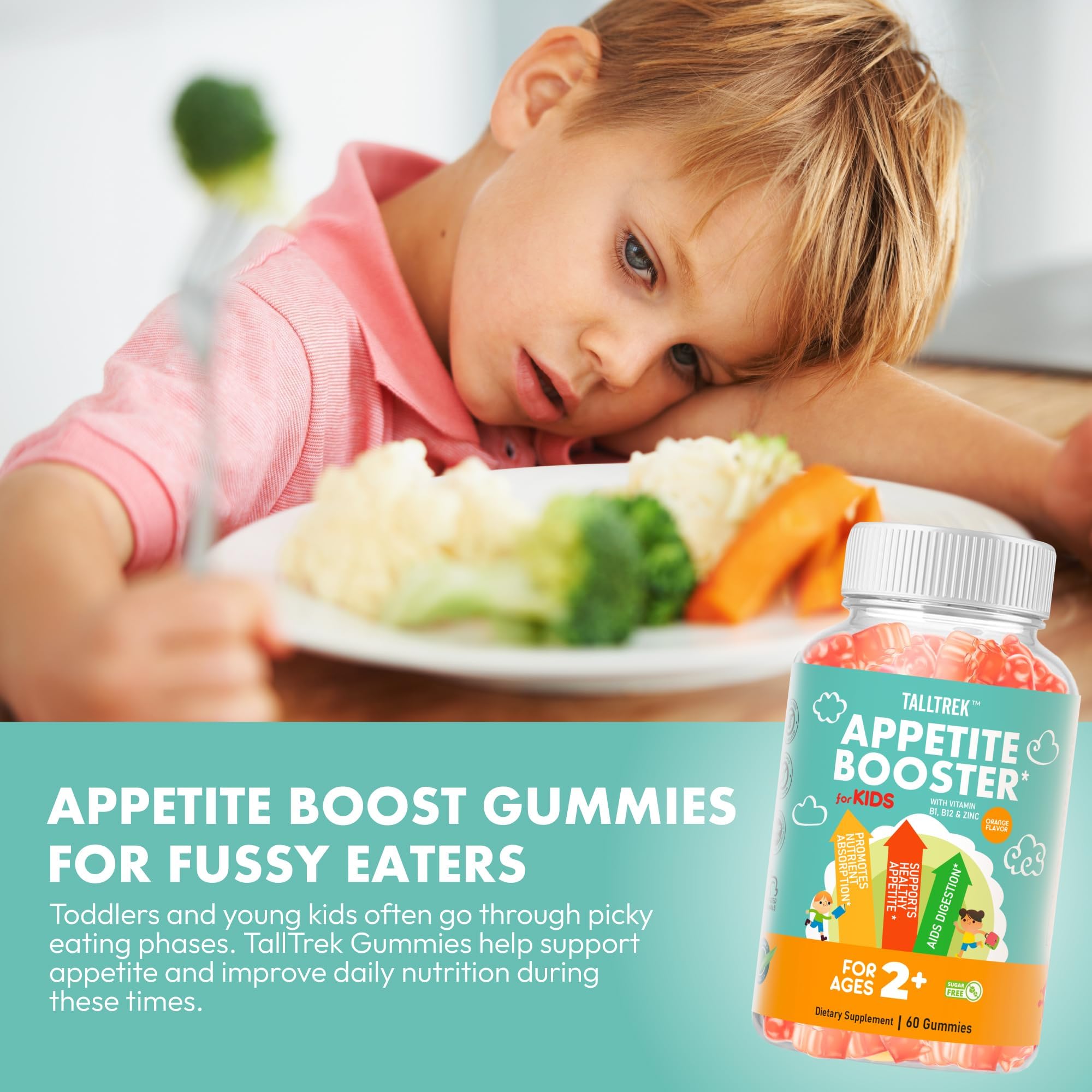 TallTrek Appetite Booster Gummies close-up shows kid-friendly texture and orange flavor.