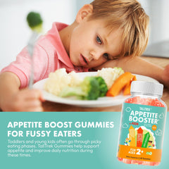 TallTrek Appetite Booster Gummies close-up shows kid-friendly texture and orange flavor.