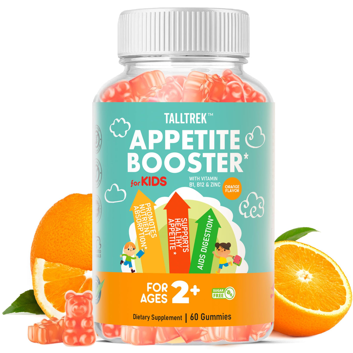 TallTrek Appetite Booster Kids Gummies in orange bottle supporting healthy eating habits.