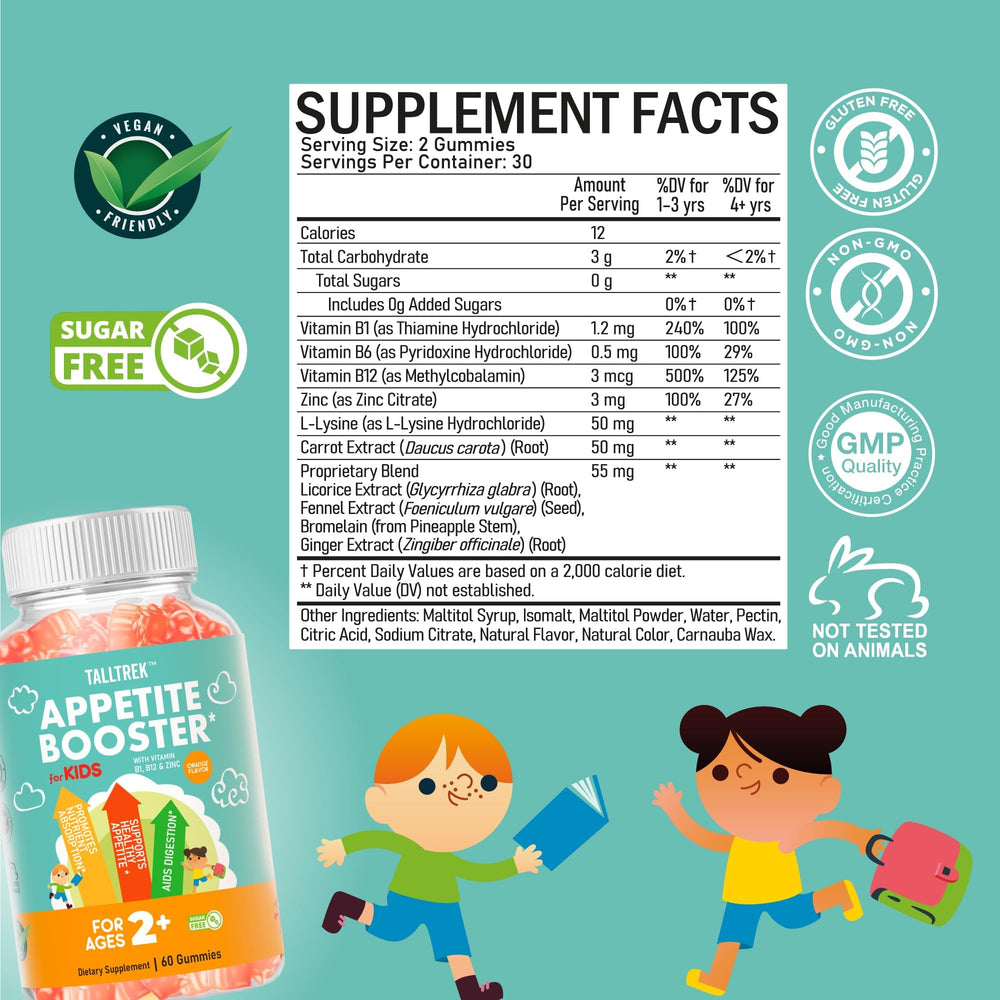 TallTrek serving suggestion shows two gummies before meals for daily use.