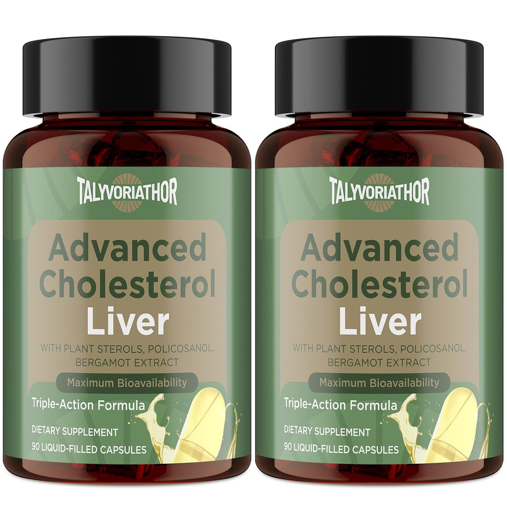 Talyvoriathor Advanced Cholesterol bottle shows the triple-action formula for daily support.