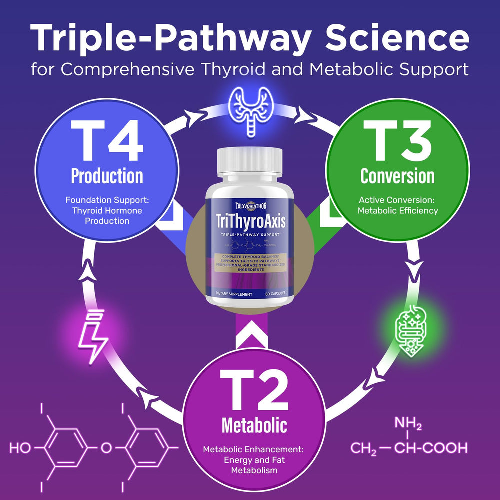 Talyvoriathor TriThyroAxis capsules closeup emphasizing standardized ingredients and potency.