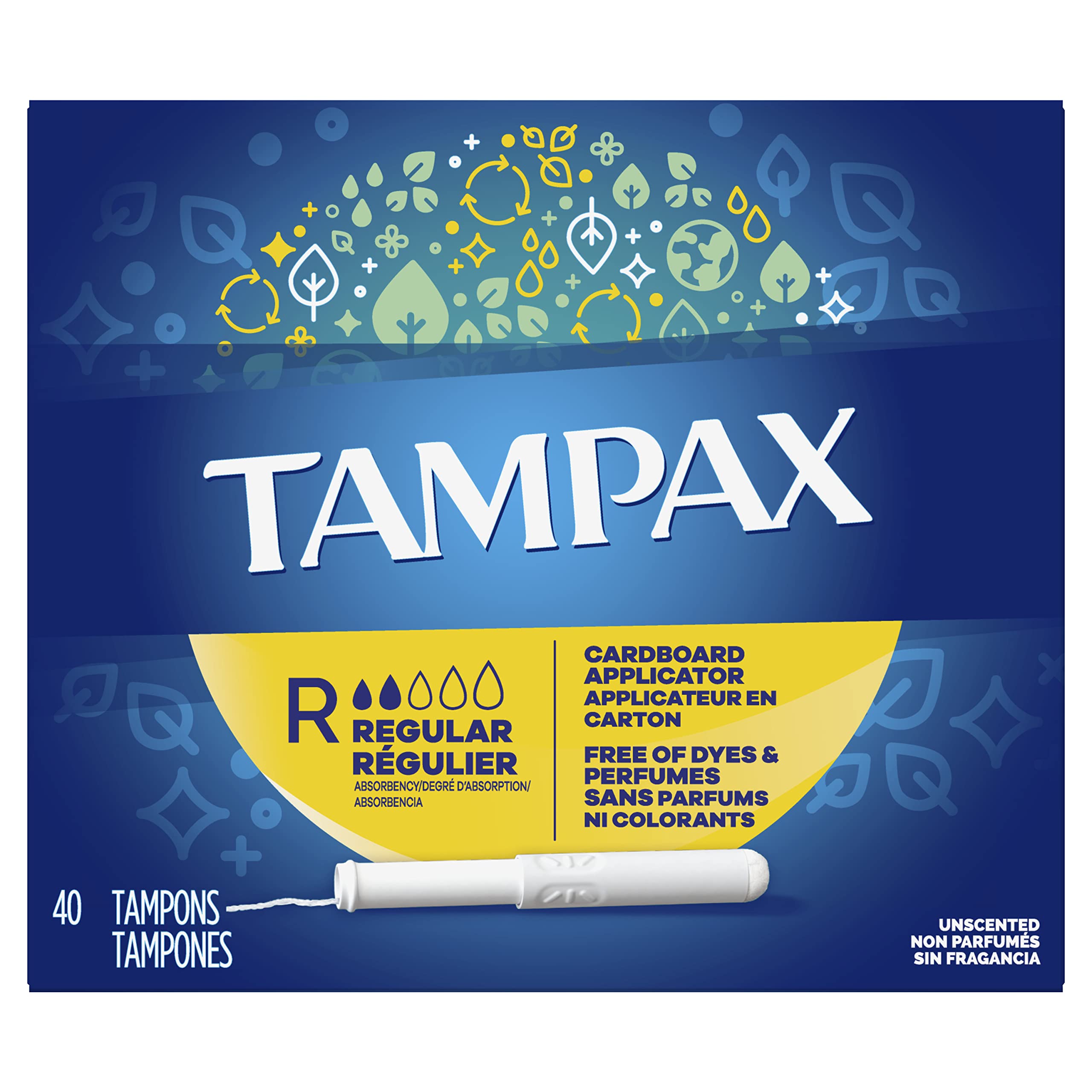 Tampax regular tampons with cardboard applicator for easy insertion and protection.