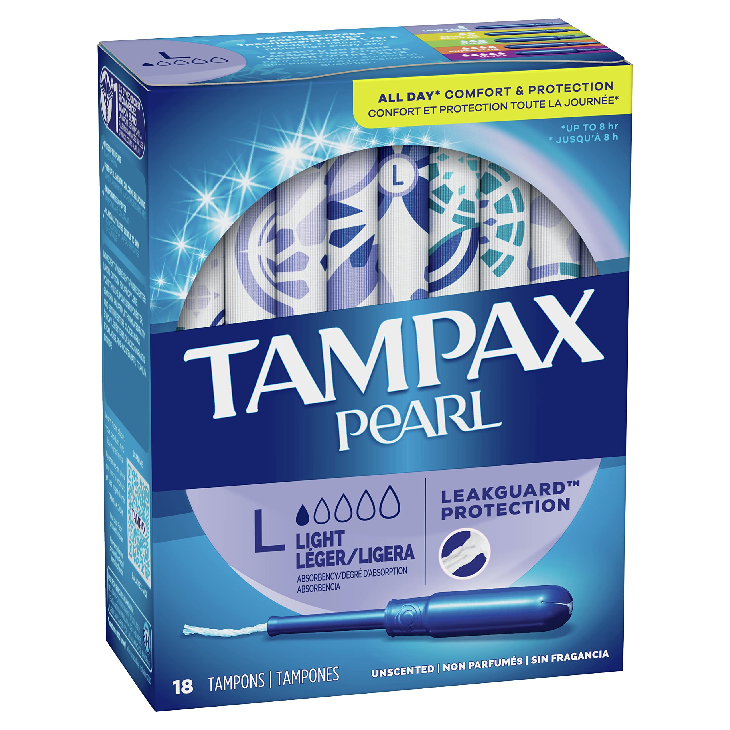 Tampax Pearl five absorbencies support daily adaptability.