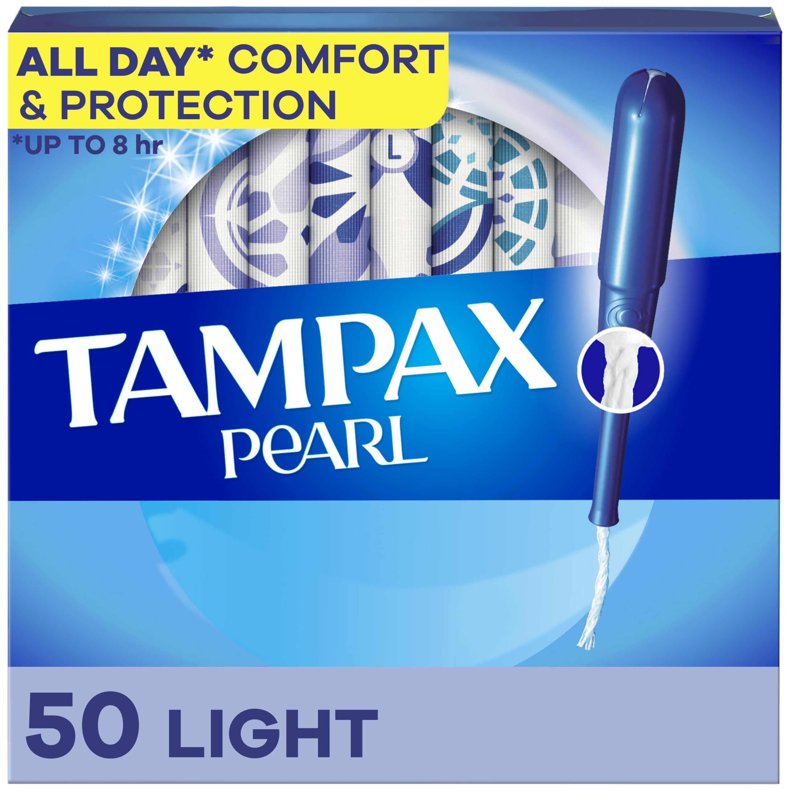 Tampax Pearl Light Absorbency box shows discreet daily protection for everyday use