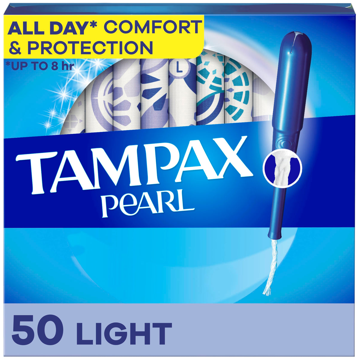 Tampax Pearl Light Absorbency box shows discreet daily protection for everyday use