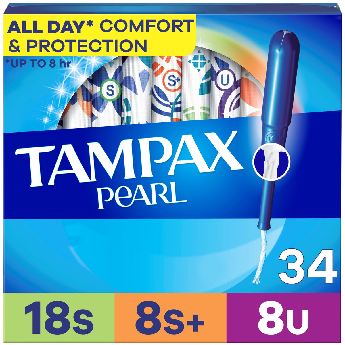Tampax Pearl 34-count multipack shown for all-day protection