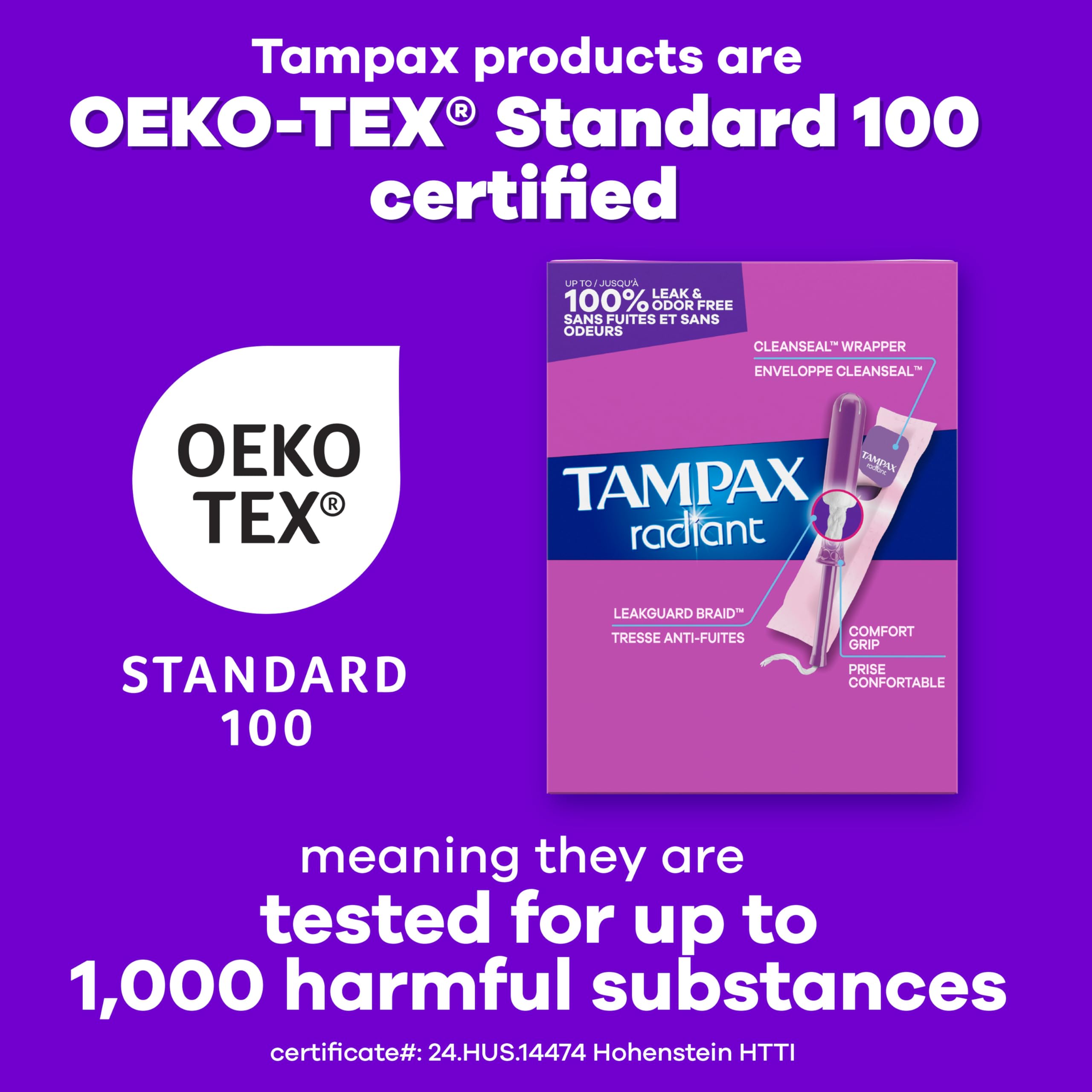 Tampax Radiant 28-count box visible in packaging