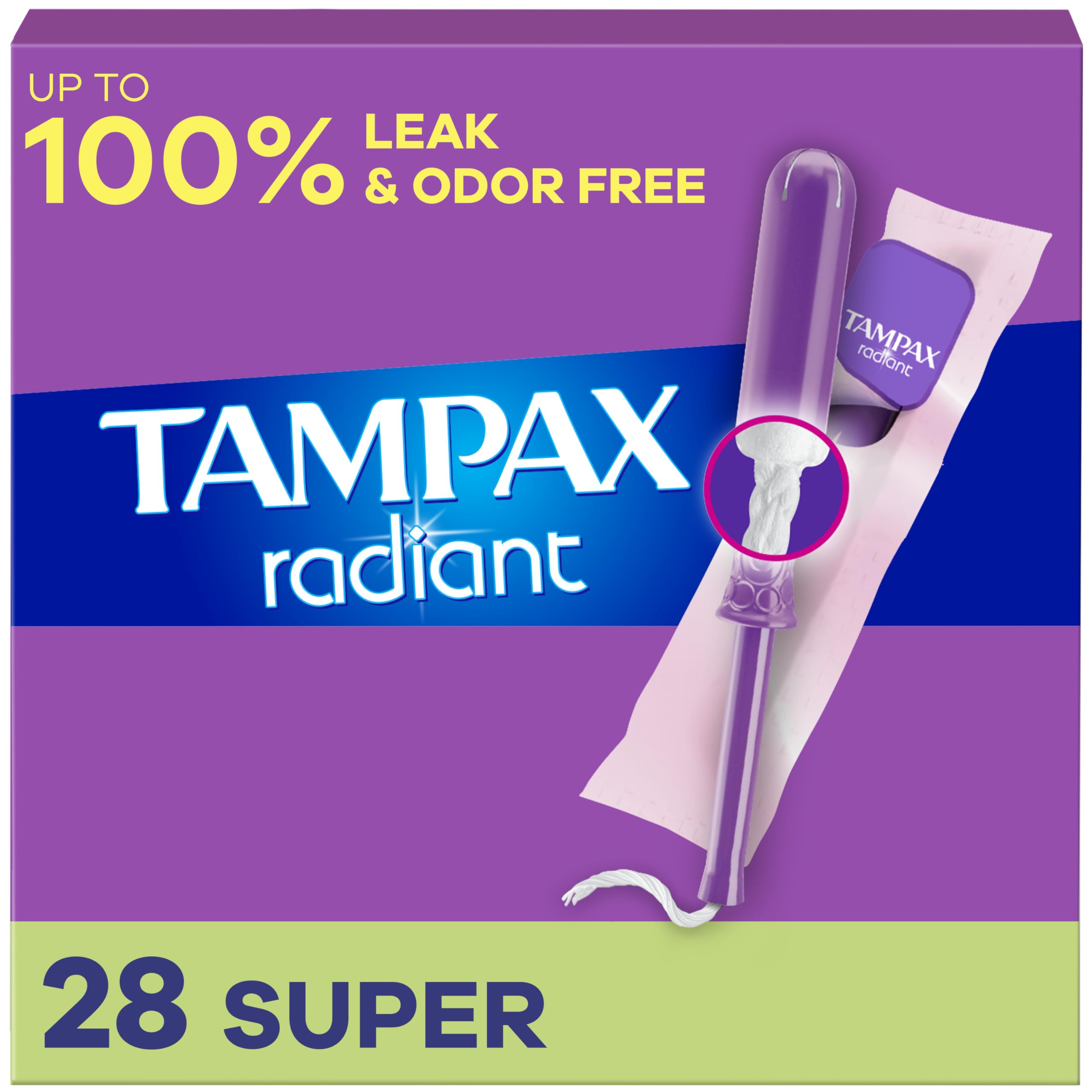 Tampax Radiant unscented applicator close-up shows comfortable insertion