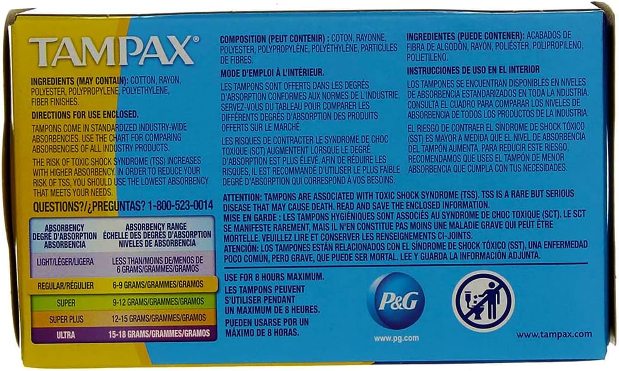 Tampax Regular tampons back-view, highlighting compact packaging for on-the-go needs.