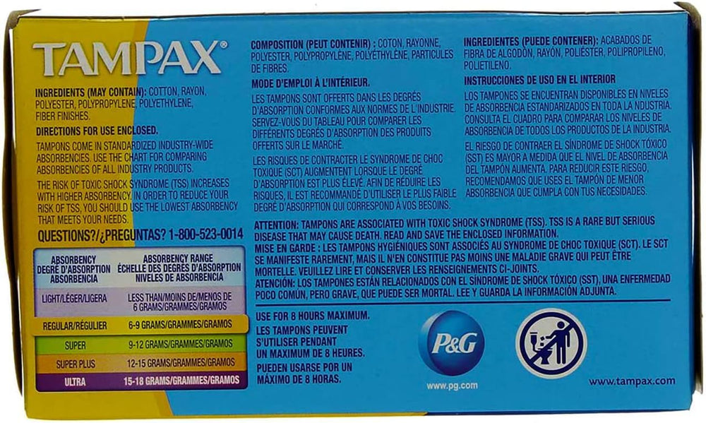 Tampax Regular tampons back-view, highlighting compact packaging for on-the-go needs.