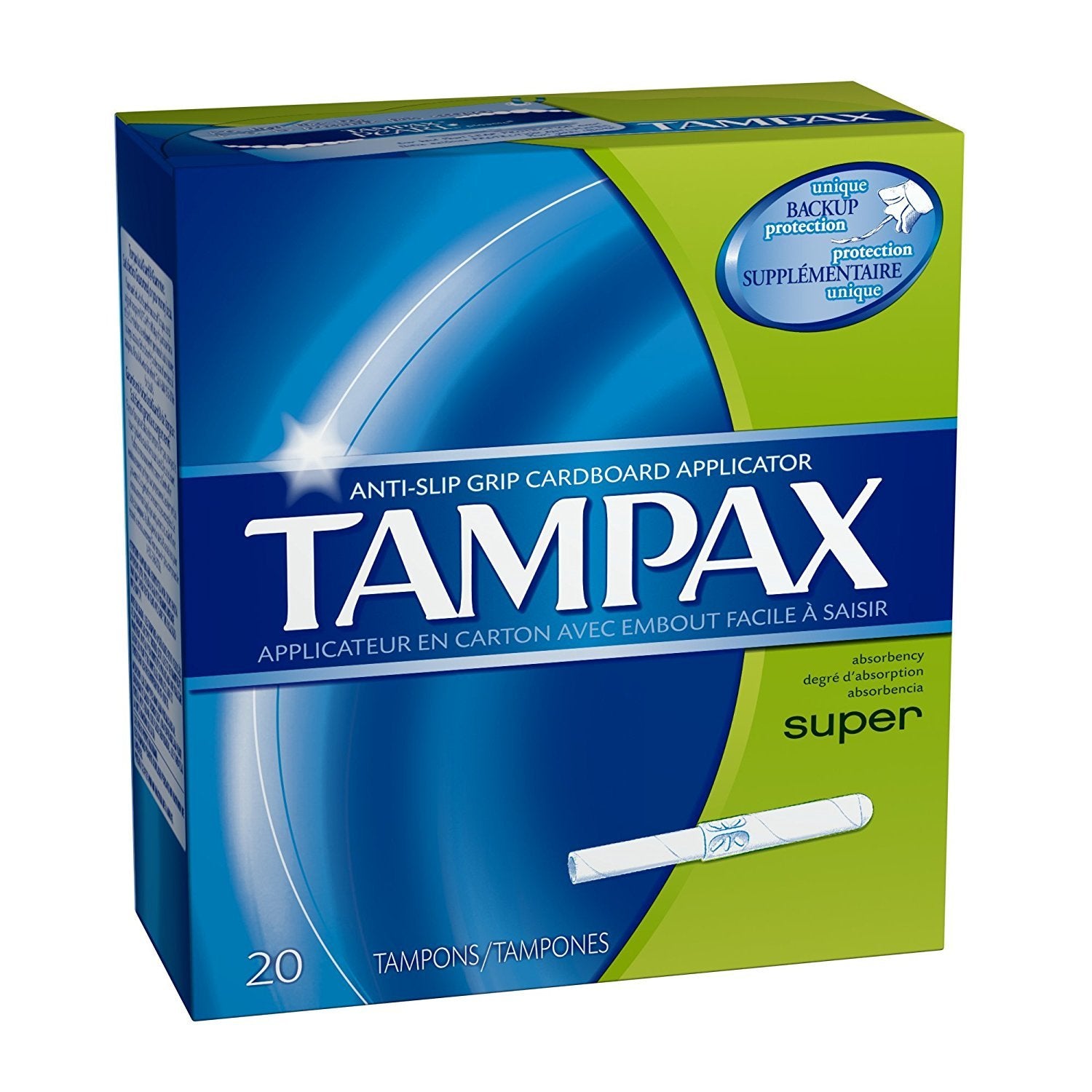 Tampax Super Absorbency tampon with flushable applicator for reliable protection and easy disposal.