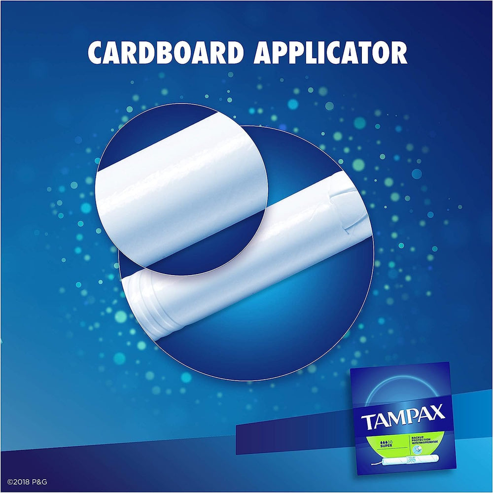 Tampax 80ct label closeup reinforces trusted brand identity and packaging details.