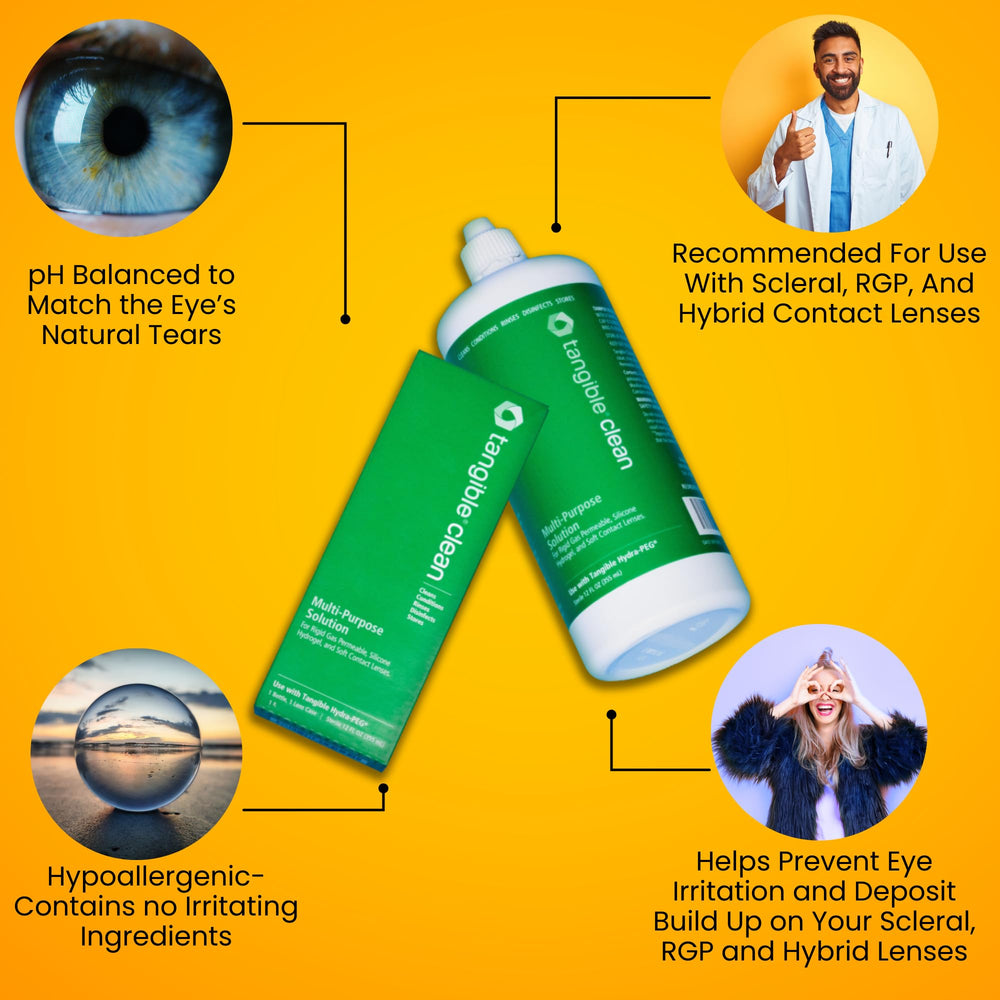 Tangible Clean RGP lens care kit with solution and cap for maintenance.