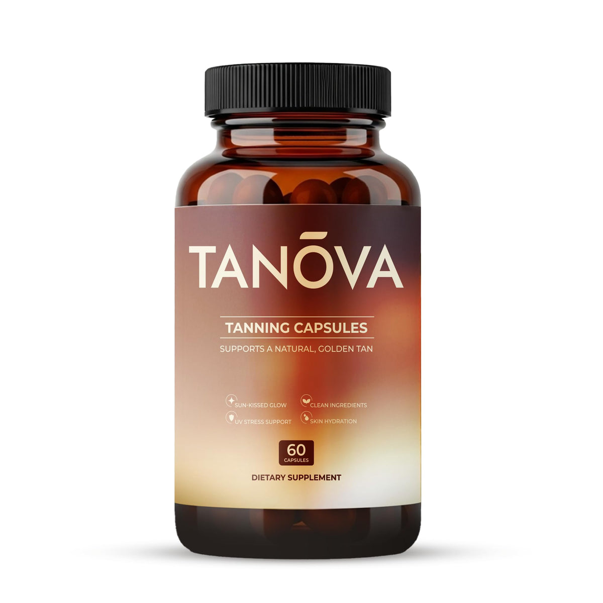 Tanova Tanning Pills bottle front showing premium daily glow support
