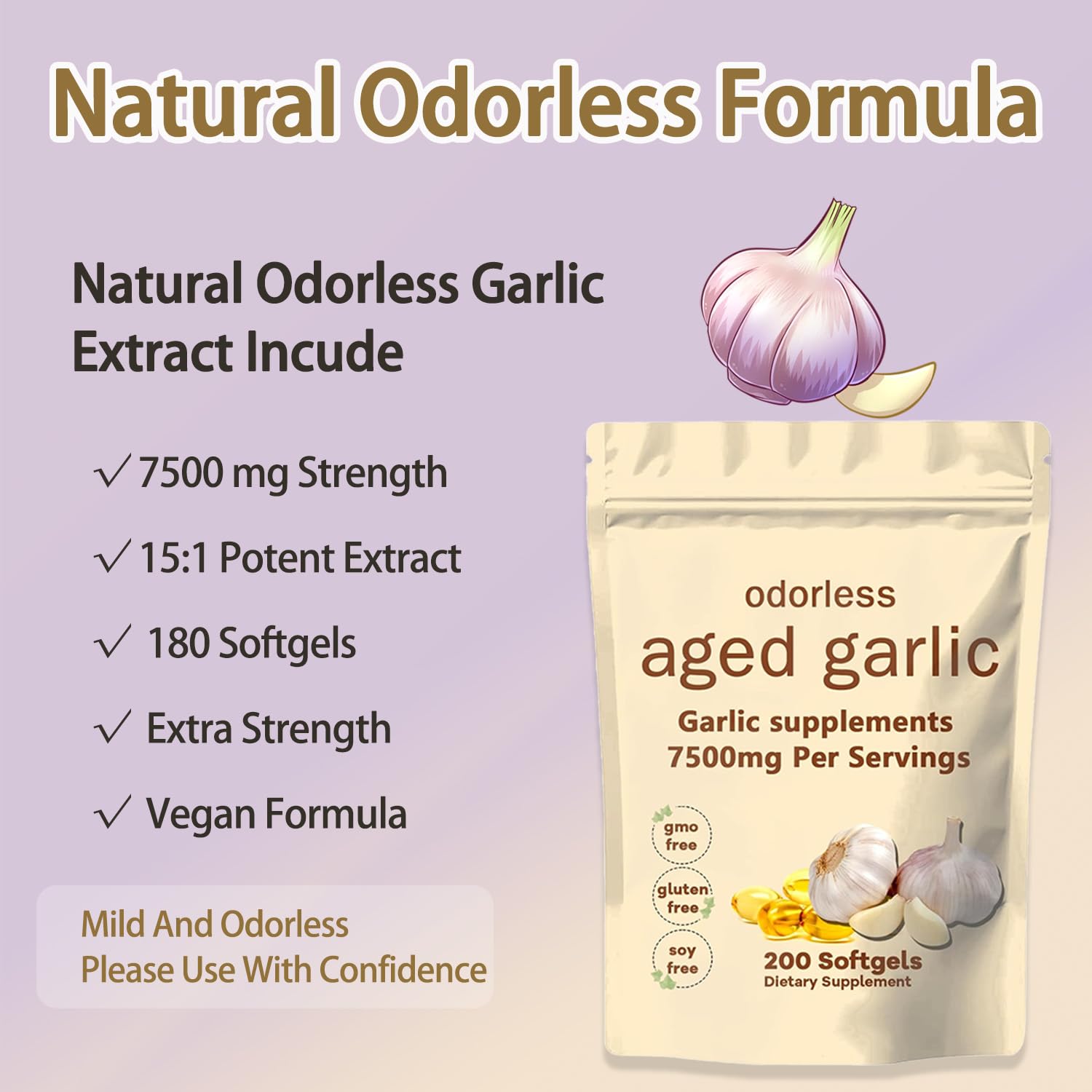 Elare odorless garlic softgels arranged to highlight odor-free formula