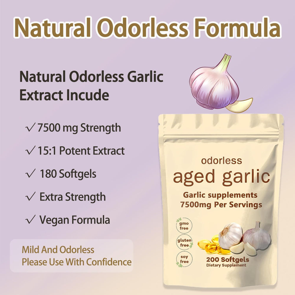 Elare odorless garlic softgels arranged to highlight odor-free formula