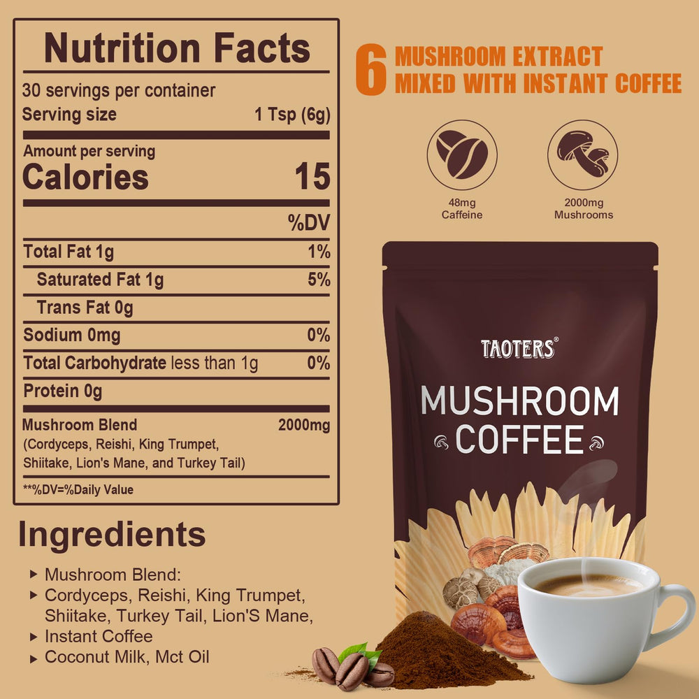 TAOTERS Adaptogenic Mushroom Coffee bag label highlighting the six-mushroom blend.