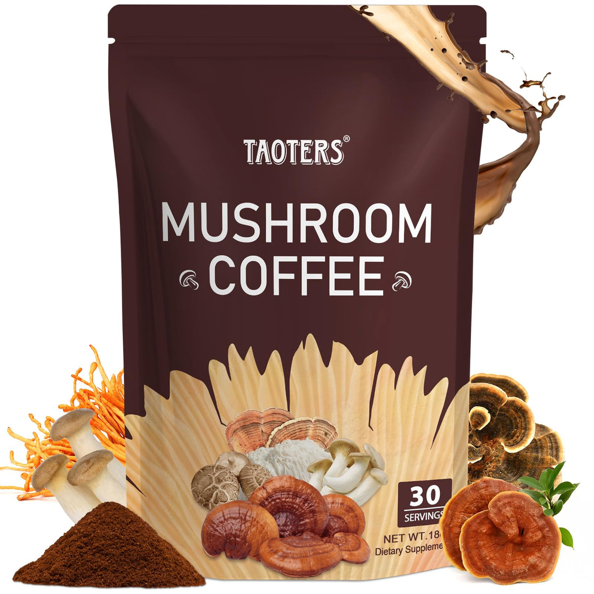 TAOTERS Adaptogenic Mushroom Coffee bottle pour for a ready-to-brew energy boost.