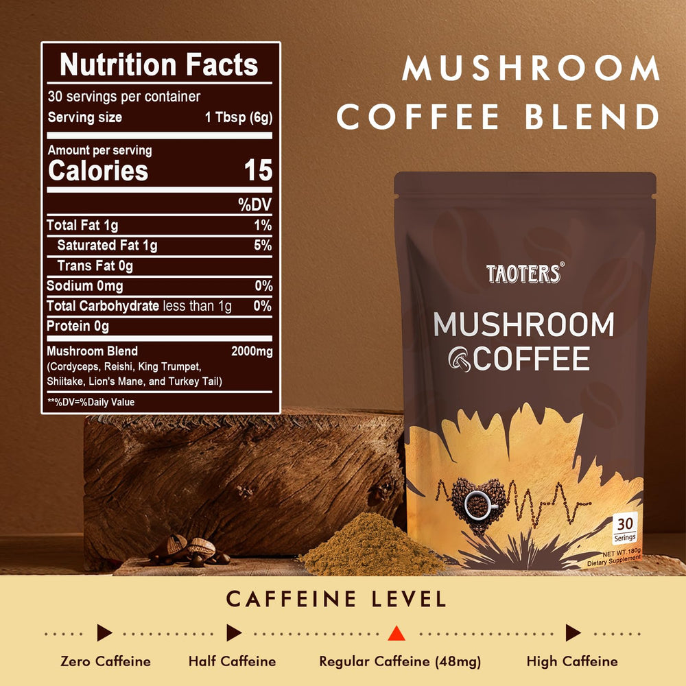 TAOTERS Mushroom Coffee cup with creamy foam, ideal for a focused morning.