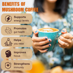 TAOTERS Mushroom Coffee cup with steam ready for a focused morning.