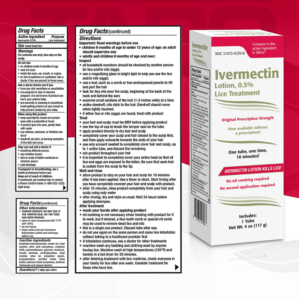 TARO Ivermectin Lotion 4oz bottle label highlights prescription-strength formula for effective lice care.