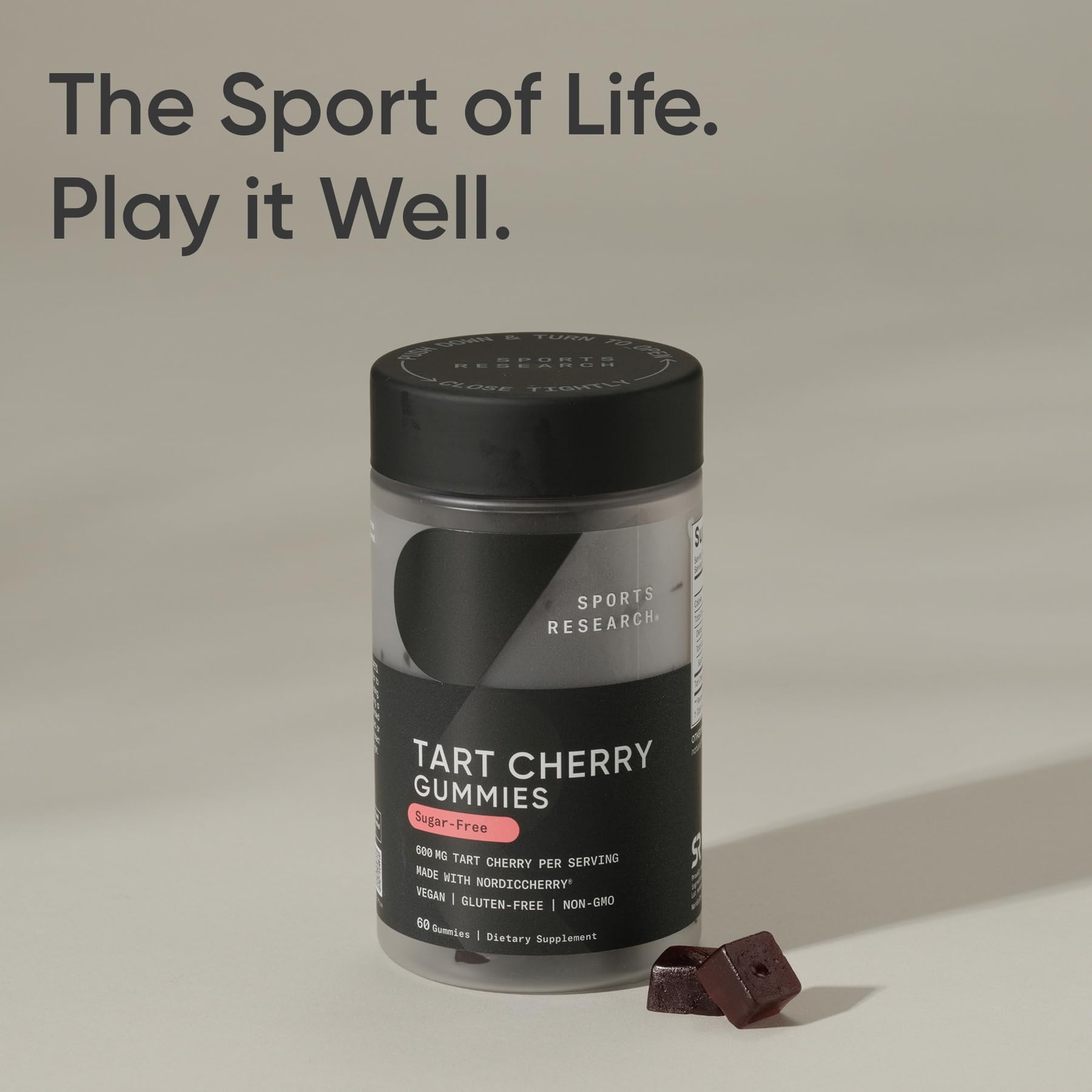 Sports Research Tart Cherry Gummies 60-count bottle on shelf.