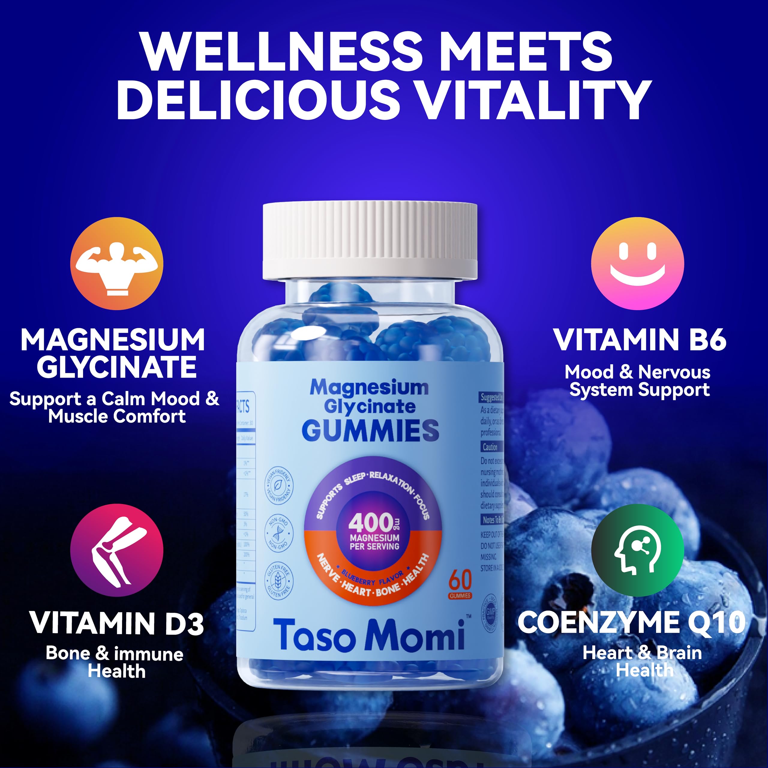 TasoMomi bottle with vitamin D3, B6 and CoQ10 highlights added nutrients for daily support.